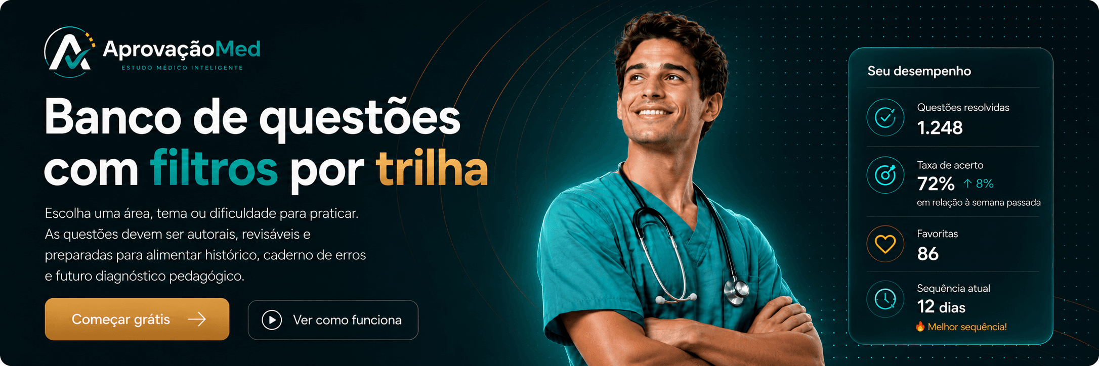 AprovaçãoMed — banco de questões com filtros por trilha.