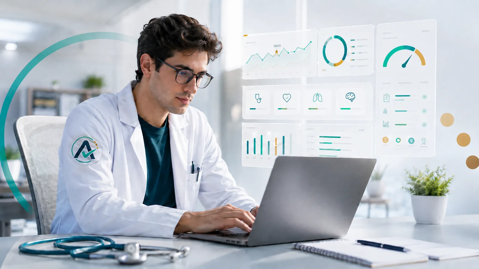 Médico revisando painéis de desempenho e questões da AprovaçãoMed no computador