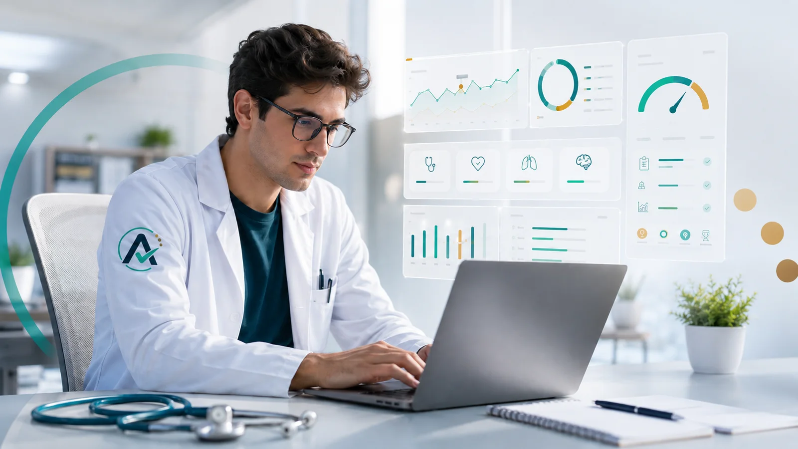 Médico revisando painéis de desempenho e simulados da AprovaçãoMed no computador